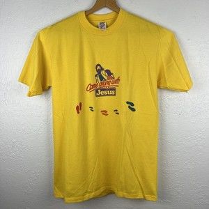 VTG Christian T-Shirt 90s Yellow Come Along With Jesus Christ Footsteps Sz Large